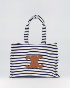 Celine Navy and Cream Striped Tote Bag with Logo Plaque Detail