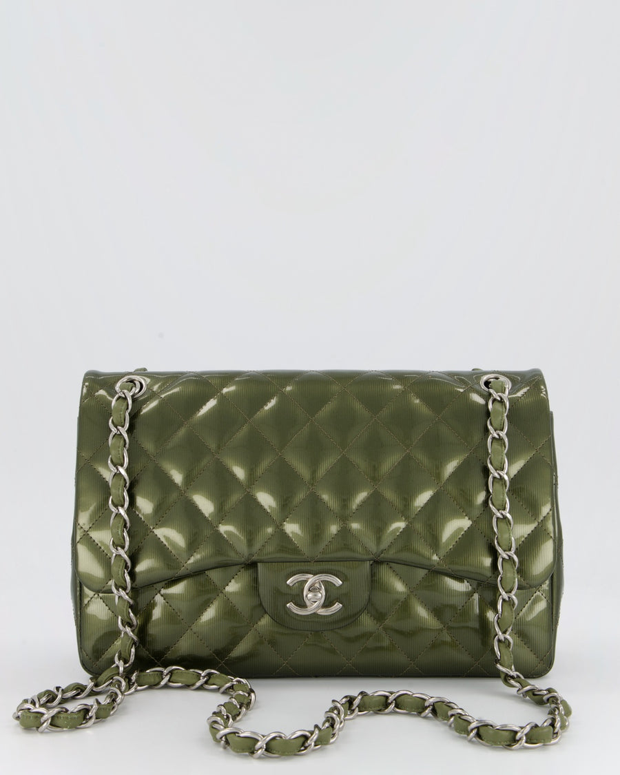 Chanel Khaki Green Patent Leather Jumbo Flap Bag With Silver Hardware