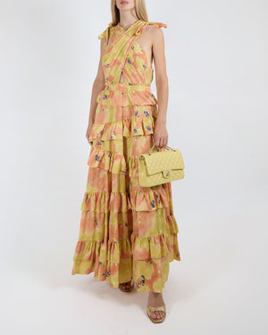 Ulla Johnson Orange and Yellow Silk Zahra Ruffled Maxi Dress with White Polkadots and Ribbon Details Size S (UK 8) RRP £1,200