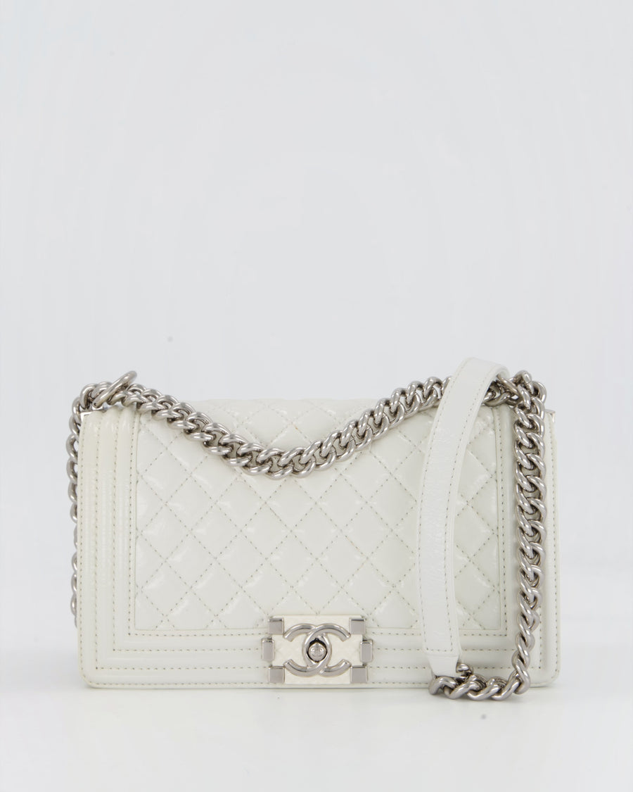 Chanel White Medium Boy Bag in Patent Leather with Silver Hardware