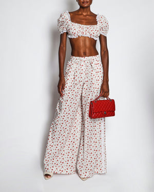 Dolce & Gabbana White and Red Floral Rose Print Short-Sleeve Crop Top and High-Waisted Wide-Leg Trousers with Lace Details Size IT 36-40 (UK 4-8)