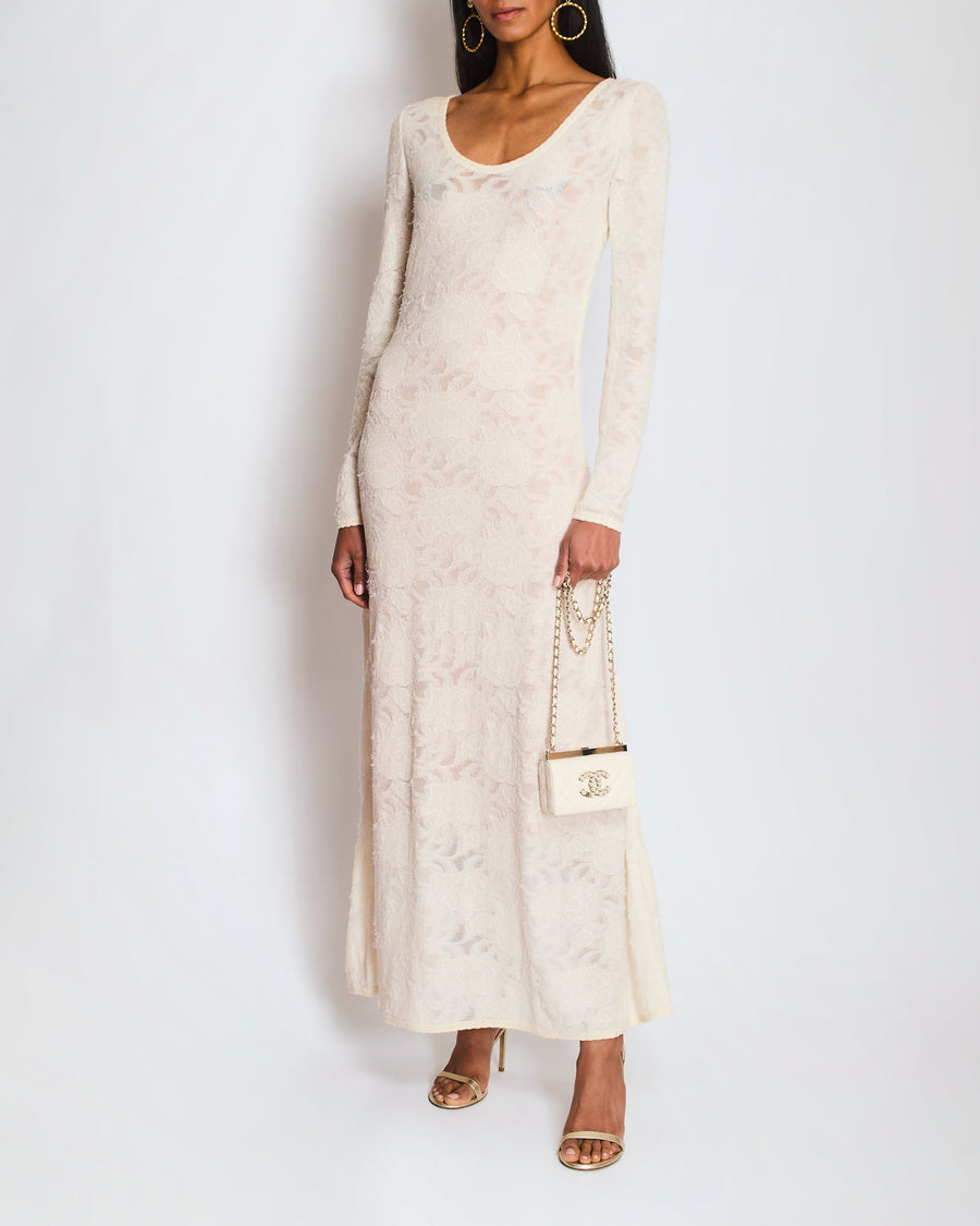 Chanel Cream Long Sleeve Camellia Knitted Maxi Dress Size FR 38 (UK 10)