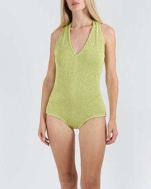 Bottega Veneta Light Green Crinkled Seersucker One-Piece Swimsuit with Halterneck Size S (UK 8)