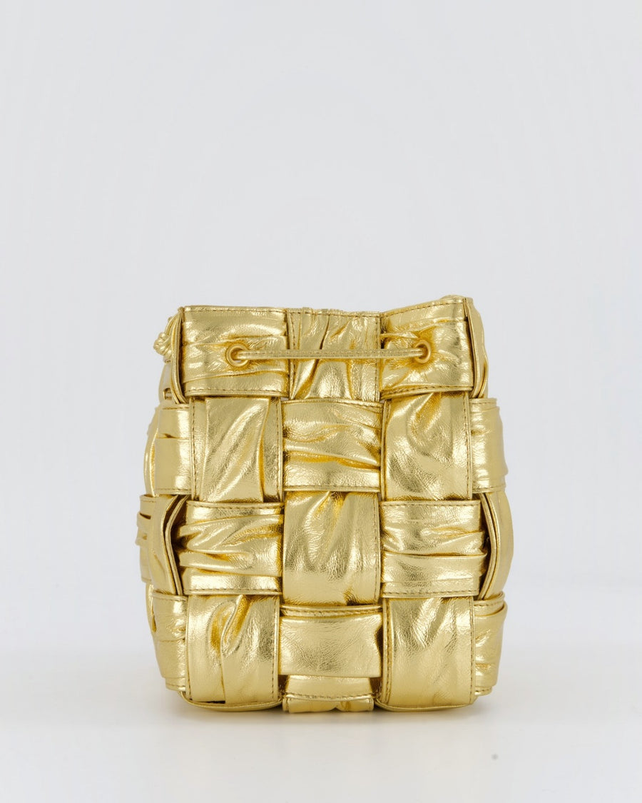 Bottega Veneta Aged Gold Intrecciatto Cassette Cross Body Bucket Bag in Calfskin Leather
