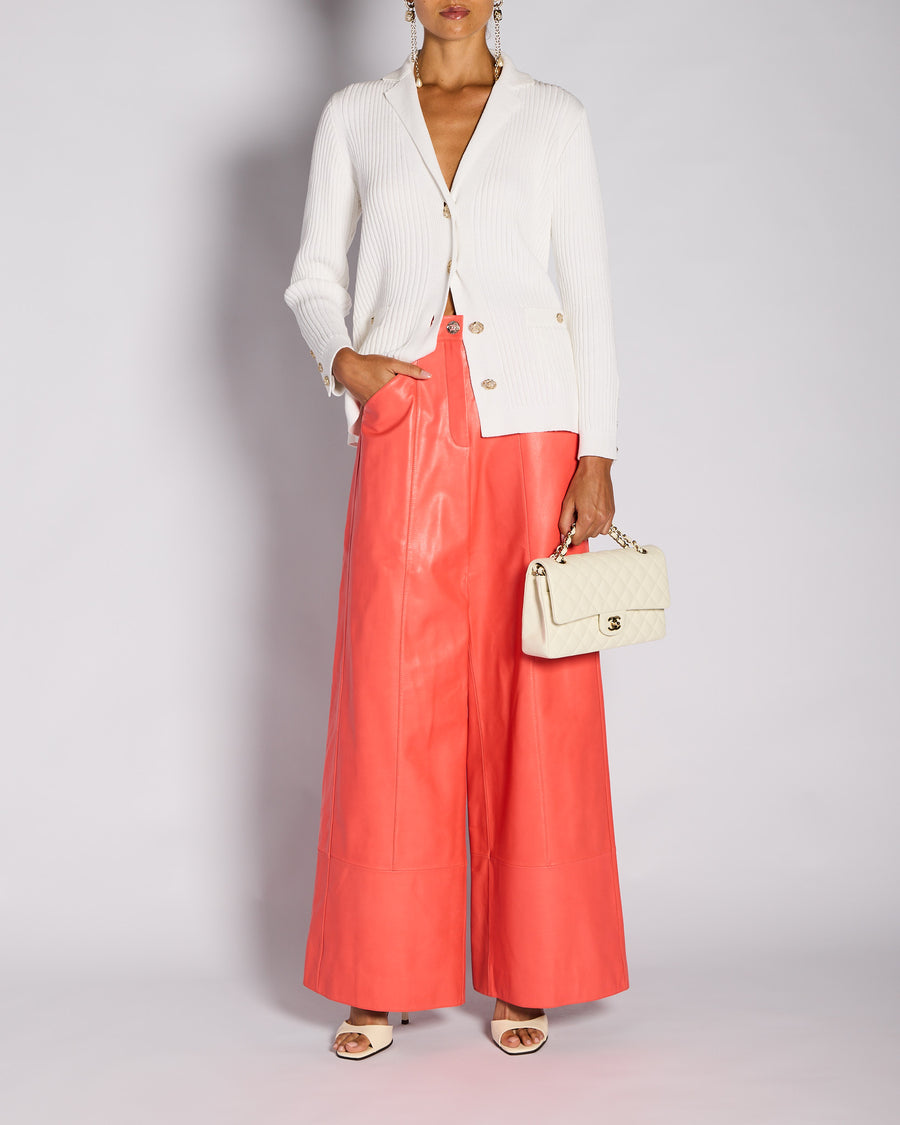 Chanel Coral Wide-Leg Leather Trouser with CC Button Logo Detail Size FR 36 (UK 8)