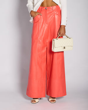 Chanel Coral Wide-Leg Leather Trouser with CC Button Logo Detail Size FR 36 (UK 8)
