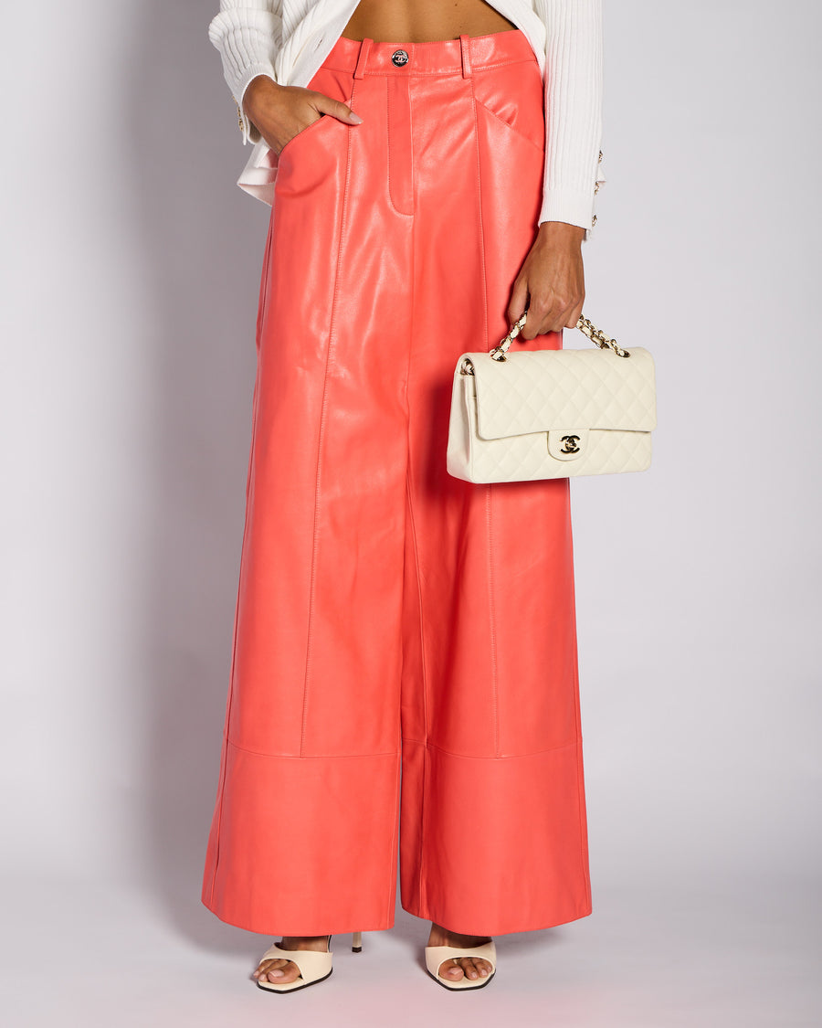Chanel Coral Wide-Leg Leather Trouser with CC Button Logo Detail Size FR 36 (UK 8)