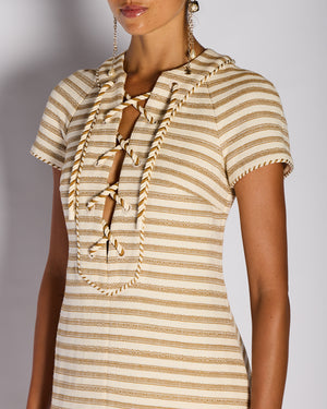 Zimmermann Beige Striped Short Sleeve Mini Dress with Tie and Pocket Detail Size 1 (UK 10)