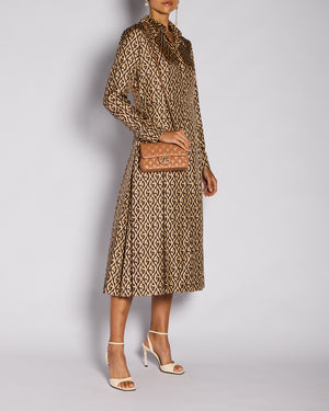 Gucci Brown Rhombus Print Long Sleeve Pleated Midi Dress Size IT 46 (UK 14)