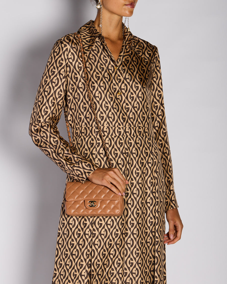 Gucci Brown Rhombus Print Long Sleeve Pleated Midi Dress Size IT 46 (UK 14)