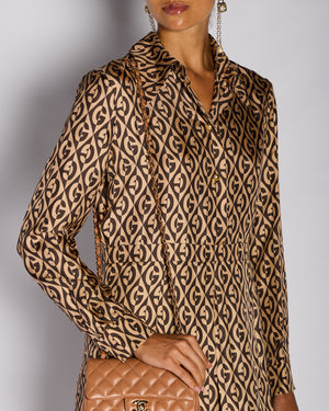 Gucci Brown Rhombus Print Long Sleeve Pleated Midi Dress Size IT 46 (UK 14)