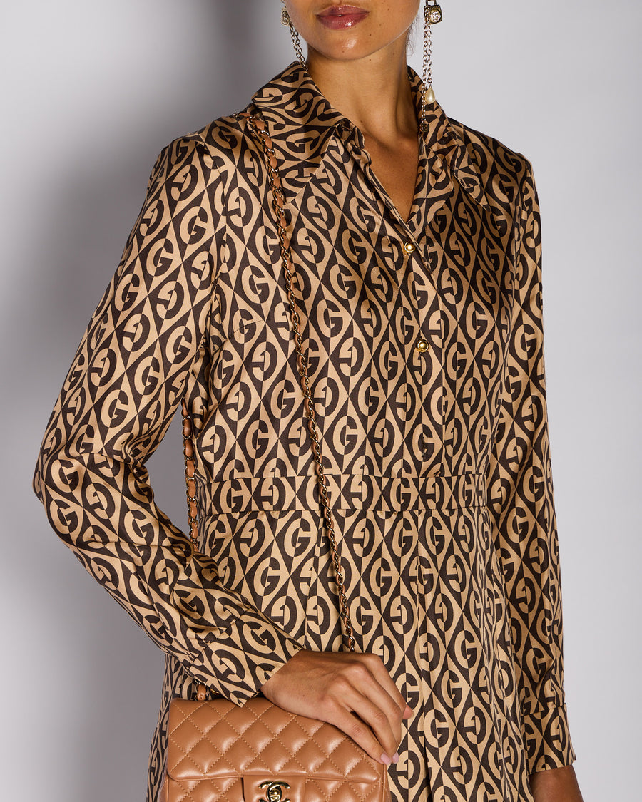 Gucci Brown Rhombus Print Long Sleeve Pleated Midi Dress Size IT 46 (UK 14)