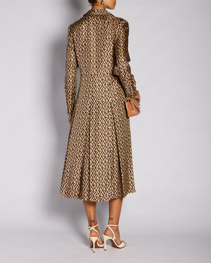 Gucci Brown Rhombus Print Long Sleeve Pleated Midi Dress Size IT 46 (UK 14)