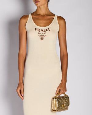 Prada Cream Ribbed Maxi Dress with Logo Detail Size IT 42 (UK 10)
