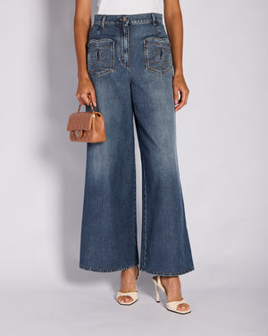Chanel 24/P Washed Blue Wide Leg Denim Jeans with CC Pocket Detail Size FR 38 (UK 10)