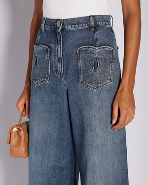 Chanel 24/P Washed Blue Wide Leg Denim Jeans with CC Pocket Detail Size FR 38 (UK 10)
