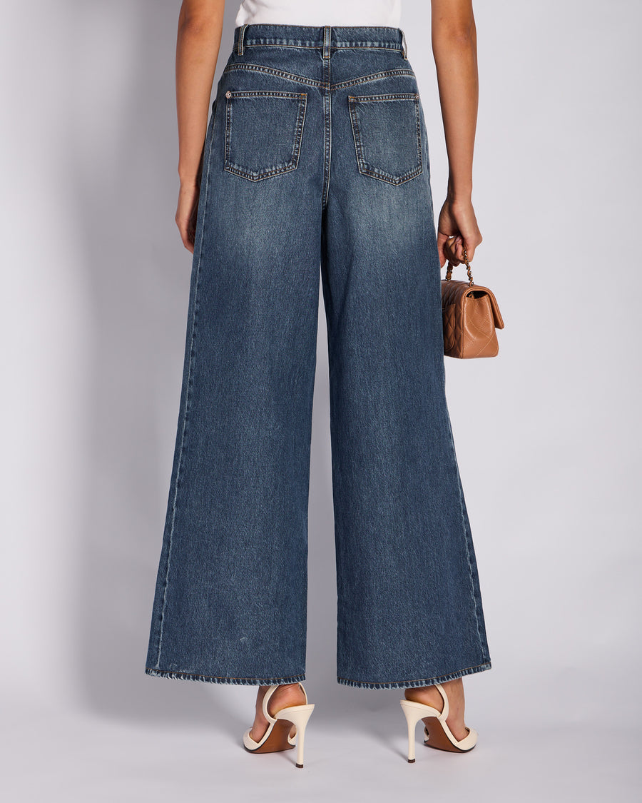 Chanel 24/P Washed Blue Wide Leg Denim Jeans with CC Pocket Detail Size FR 38 (UK 10)