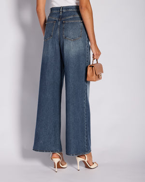 Chanel 24/P Washed Blue Wide Leg Denim Jeans with CC Pocket Detail Size FR 38 (UK 10)