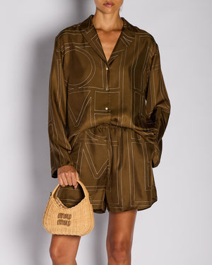 Toteme Brown Silk Monogram Shirt with Matching Short Set Size DE 36/38 (UK 8/10)