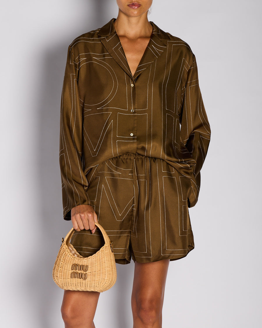 Toteme Brown Silk Monogram Shirt with Matching Short Set Size DE 36/38 (UK 8/10)