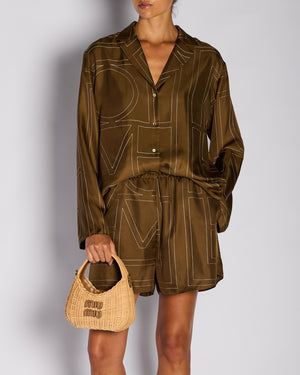Toteme Brown Silk Monogram Shirt with Matching Short Set Size DE 36/38 (UK 8/10)