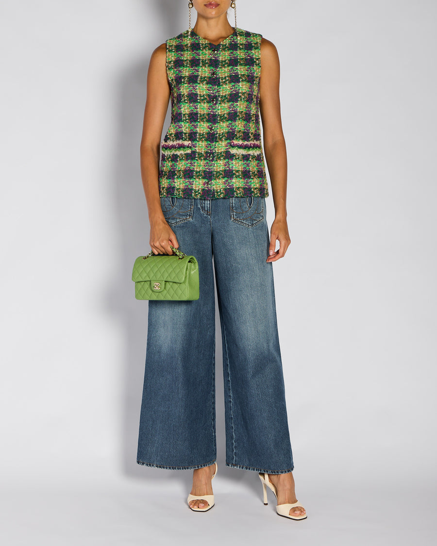 Chanel 25/N Green & Purple Tweed Vest with CC Logo Button Detail Size FR 36 (UK 8)