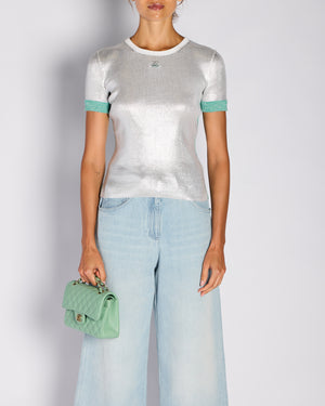 Chanel 25/C Silver and Green Metallic Ribbed CC Short Sleeve T-Shirt Size FR 34 (UK 6)