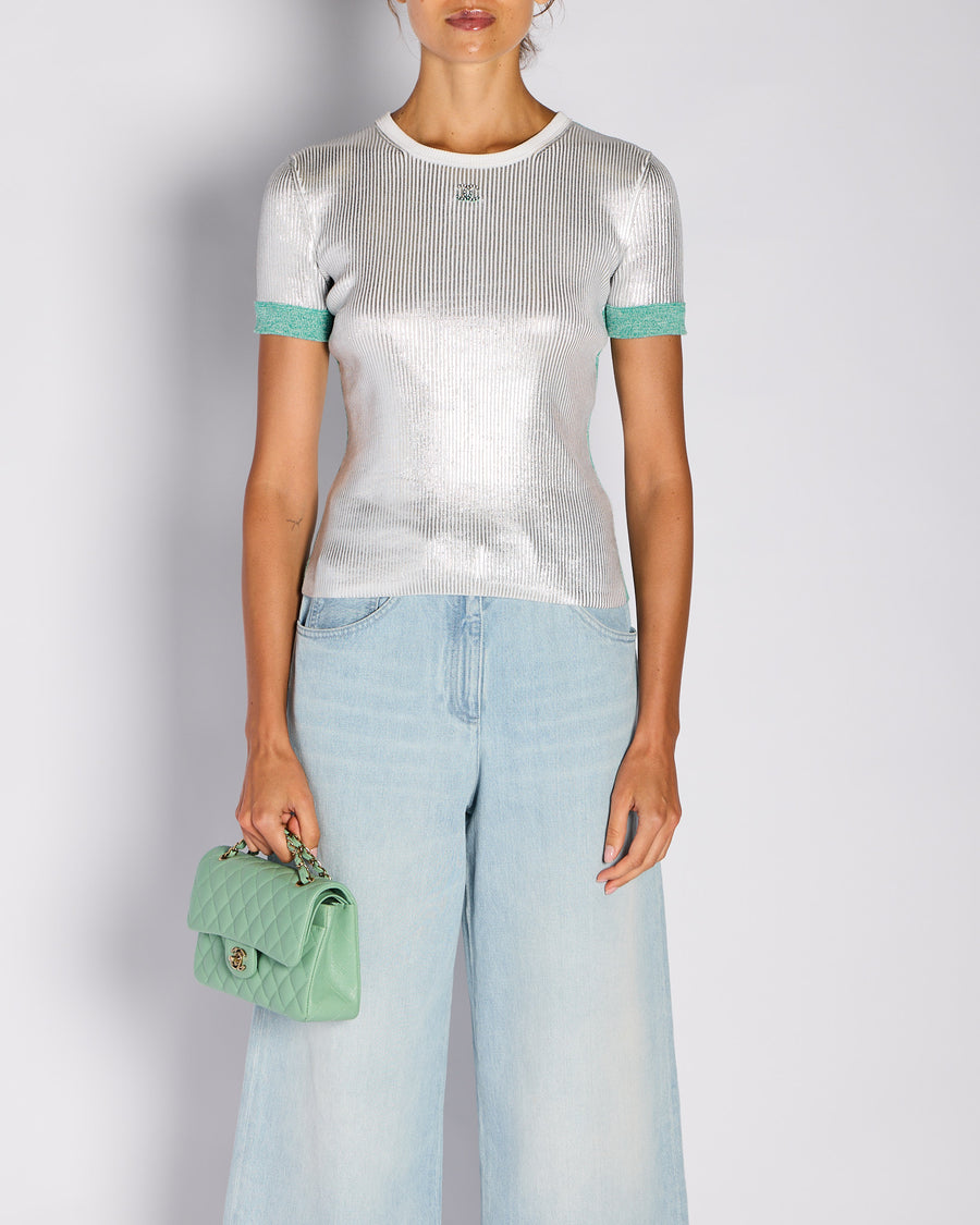 Chanel 25/C Silver and Green Metallic Ribbed CC Short Sleeve T-Shirt Size FR 34 (UK 6)