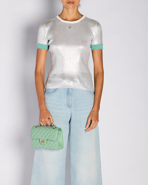 Chanel 25/C Silver and Green Metallic Ribbed CC Short Sleeve T-Shirt Size FR 34 (UK 6)