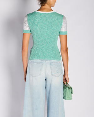 Chanel 25/C Silver and Green Metallic Ribbed CC Short Sleeve T-Shirt Size FR 34 (UK 6)