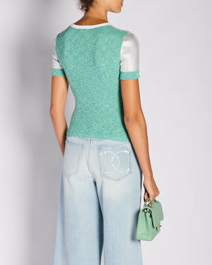 Chanel 25/C Silver and Green Metallic Ribbed CC Short Sleeve T-Shirt Size FR 34 (UK 6)