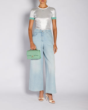 Chanel 25/C Silver and Green Metallic Ribbed CC Short Sleeve T-Shirt Size FR 34 (UK 6)