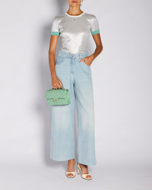 Chanel 25/C Silver and Green Metallic Ribbed CC Short Sleeve T-Shirt Size FR 34 (UK 6)