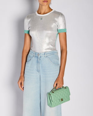 Chanel 25/C Silver and Green Metallic Ribbed CC Short Sleeve T-Shirt Size FR 34 (UK 6)