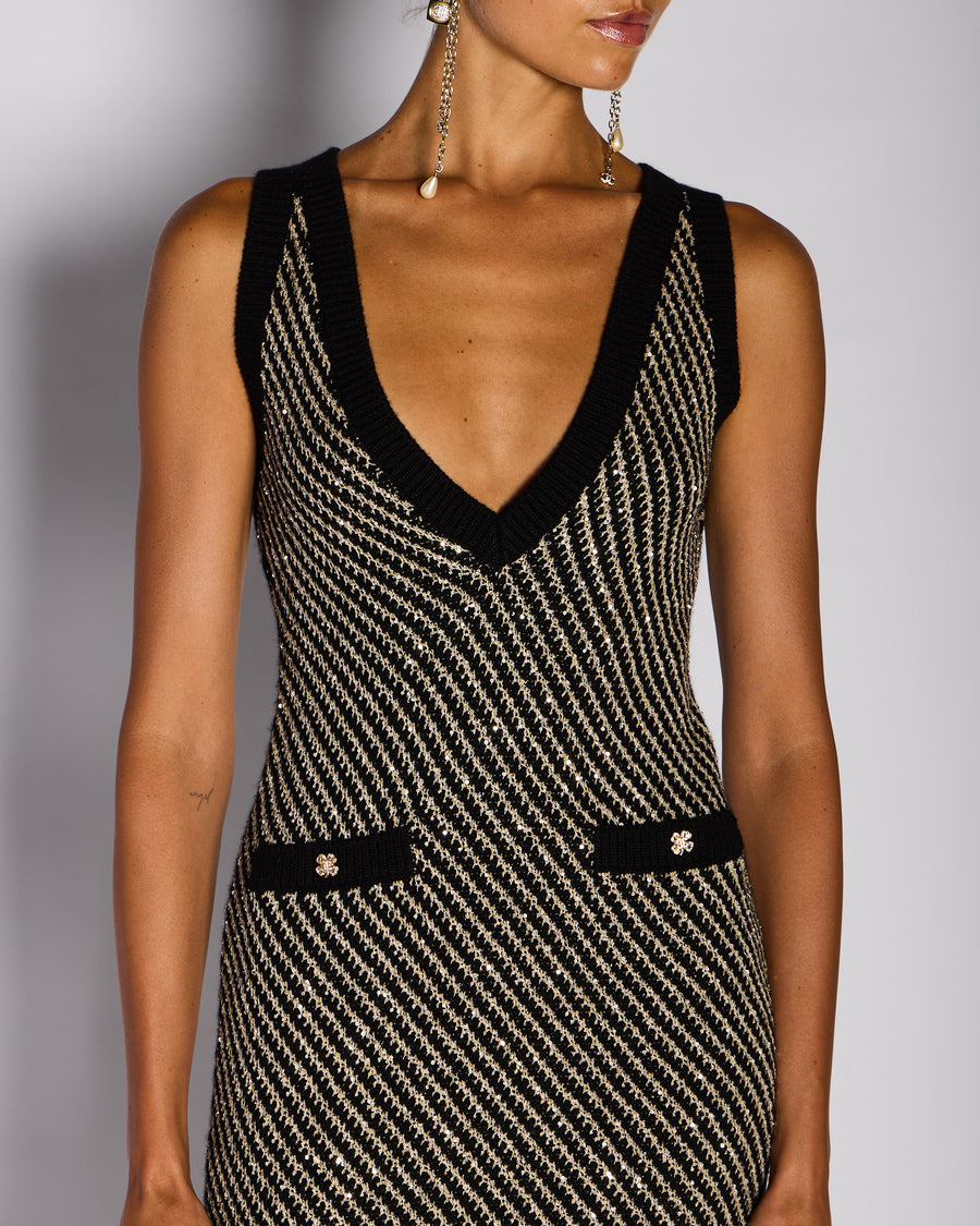 Chanel Black and Gold Sequin V-Neck Knitted Dress with Pocket Detail Size FR 34 (UK 6)