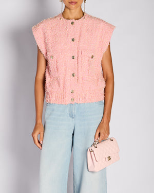 Chanel 21/S Pink Tweed Vest Top with CC Button Detail Size FR 36 (UK 8)