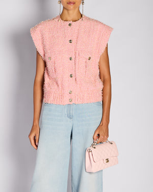 Chanel 21/S Pink Tweed Vest Top with CC Button Detail Size FR 36 (UK 8)