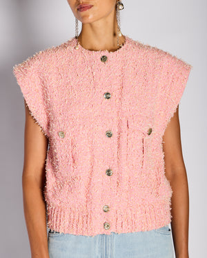 Chanel 21/S Pink Tweed Vest Top with CC Button Detail Size FR 36 (UK 8)