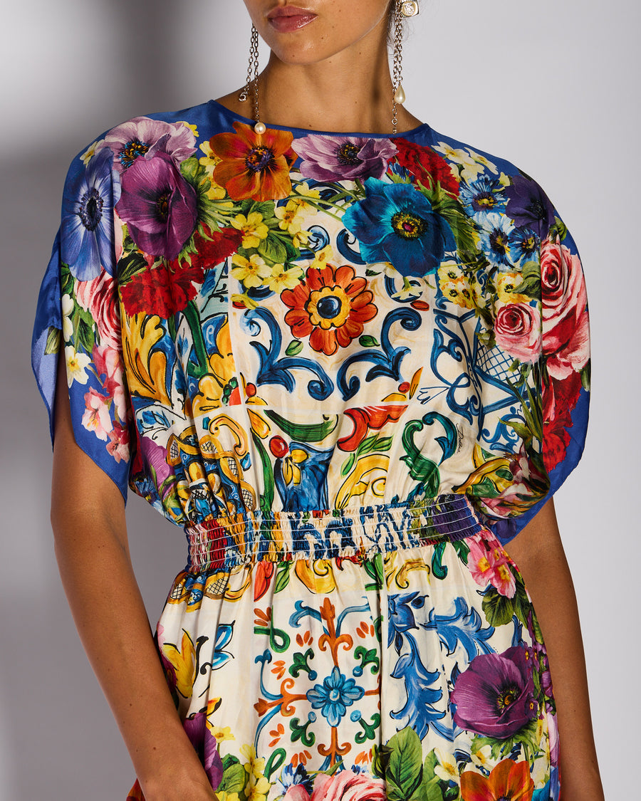 Dolce & Gabbana Blue Drop Sleeve Floral Silk Playsuit Size IT 38 (UK 6)