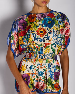 Dolce & Gabbana Blue Drop Sleeve Floral Silk Playsuit Size IT 38 (UK 6)