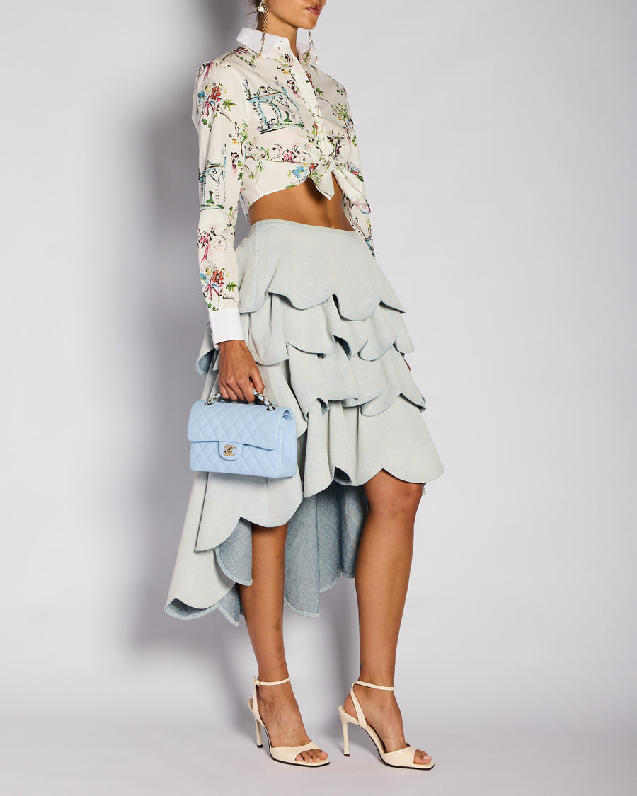 *CURRENT SEASON* Christian Dior by Jonathan Anderson Blue Denim Scalloped Tiered Ruffle Asymmetric Skirt Size FR 38 (UK 10)