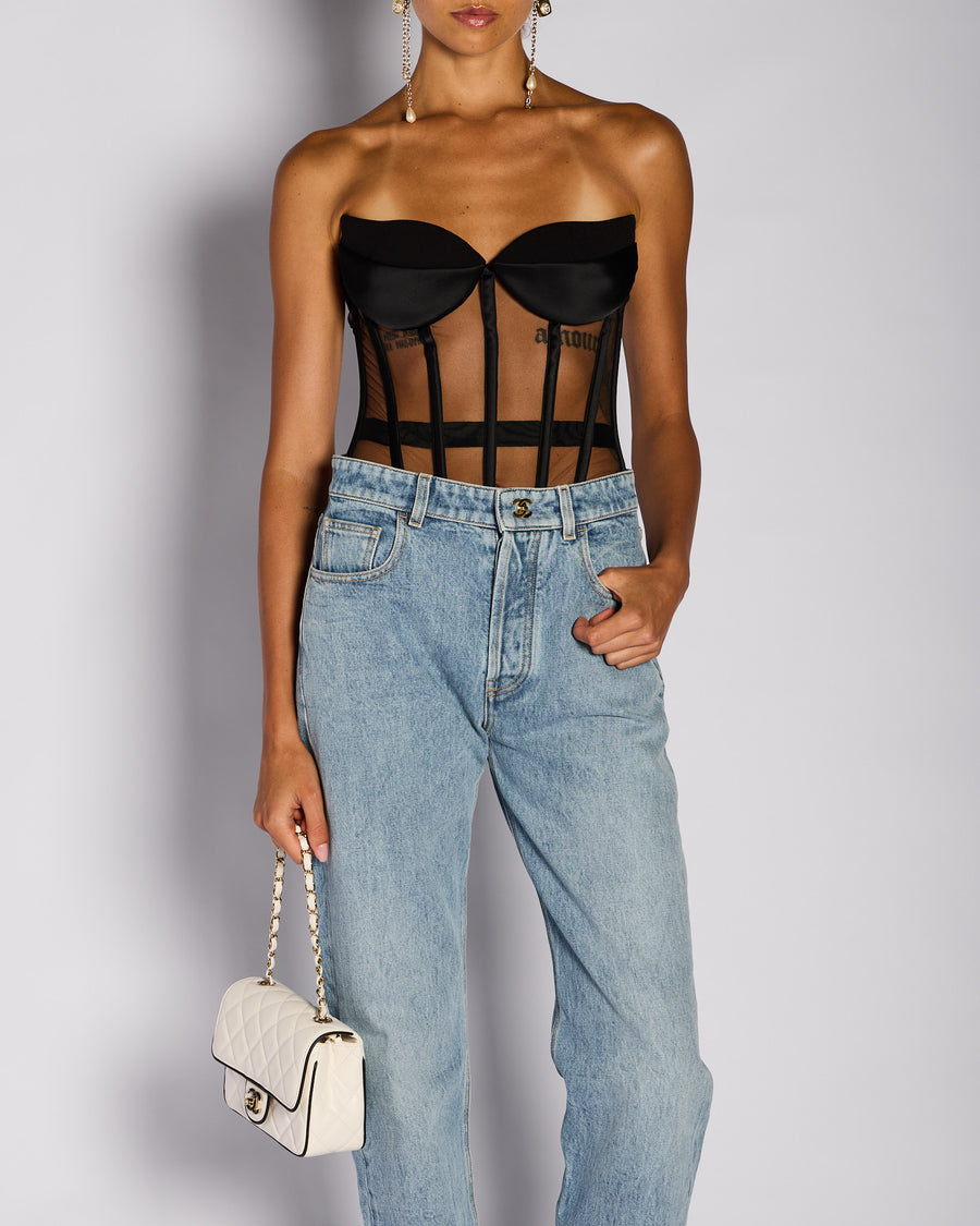 Mônot Black Corseted Top with Satin Trim Detail Size US 4 (UK 8)