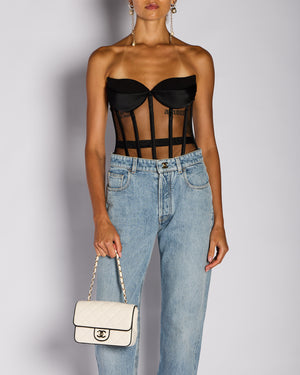 Mônot Black Corseted Top with Satin Trim Detail Size US 4 (UK 8)