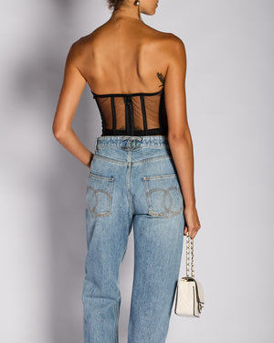 Mônot Black Corseted Top with Satin Trim Detail Size US 4 (UK 8)