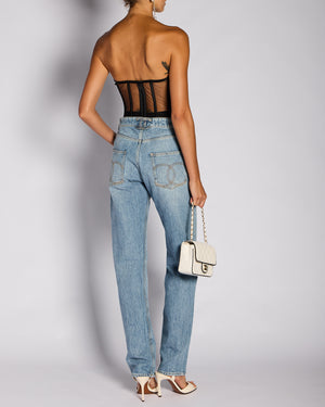 Mônot Black Corseted Top with Satin Trim Detail Size US 4 (UK 8)