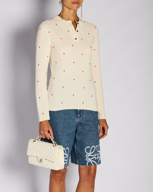 Bottega Veneta Cream Henley Long Sleeve Top with Red Dot Detail Size S (UK 8)