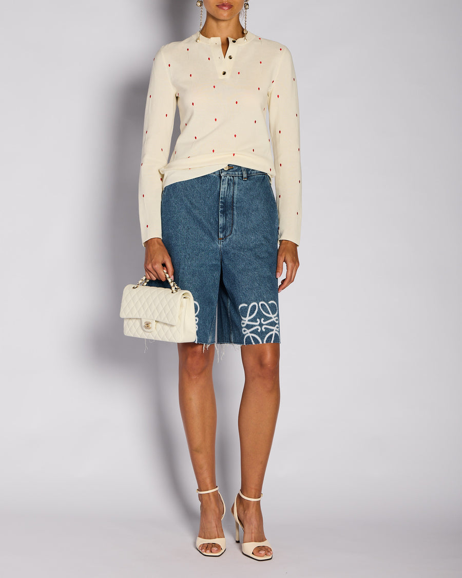 Bottega Veneta Cream Henley Long Sleeve Top with Red Dot Detail Size S (UK 8)