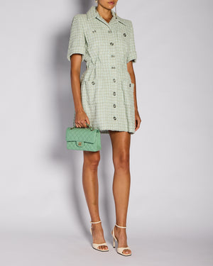 Chanel 20/P Green Tweed Short Sleeve Button Down Dress with CC Button Detail Size FR 36 (UK 8)