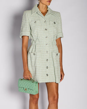Chanel 20/P Green Tweed Short Sleeve Button Down Dress with CC Button Detail Size FR 36 (UK 8)