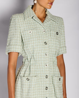 Chanel 20/P Green Tweed Short Sleeve Button Down Dress with CC Button Detail Size FR 36 (UK 8)